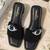 Black beaded faux leather block slides for women