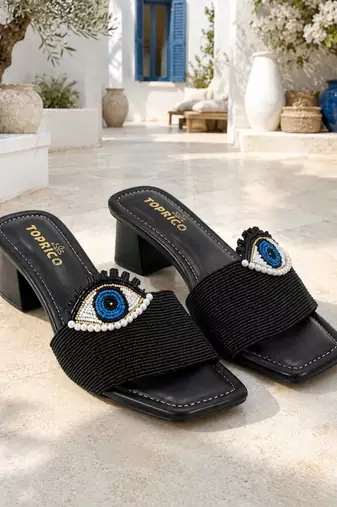 Black beaded faux leather block slides for women