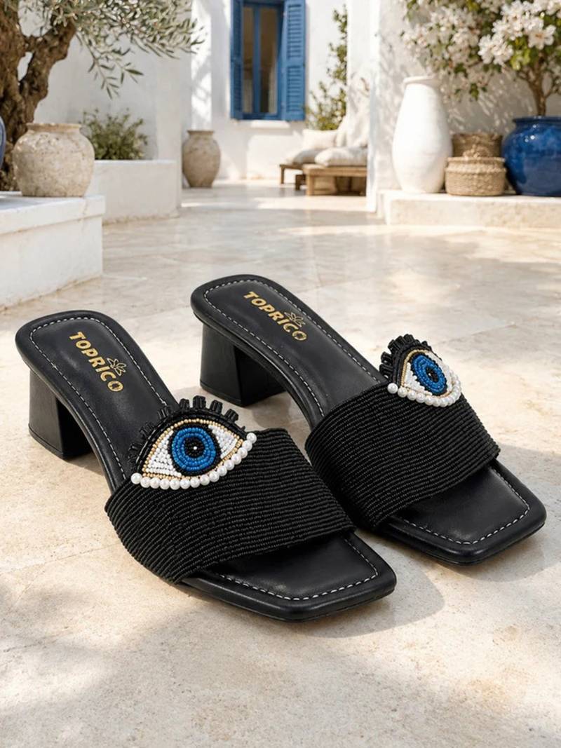 Black beaded faux leather block slides for women