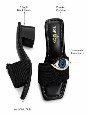 Black beaded faux leather block slides for women 3