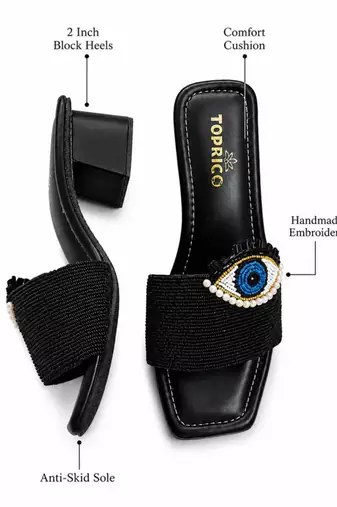 Black beaded faux leather block slides for women