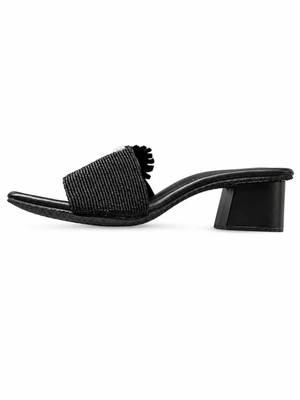 Black beaded faux leather block slides for women 4