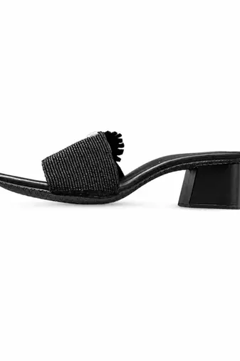 Black beaded faux leather block slides for women