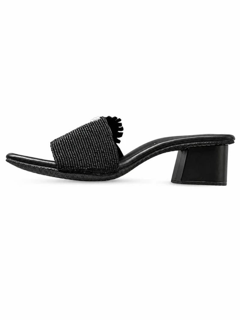 Black beaded faux leather block slides for women