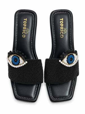 Black beaded faux leather block slides for women 5