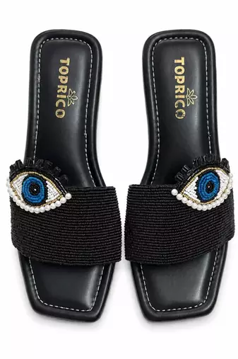 Black beaded faux leather block slides for women
