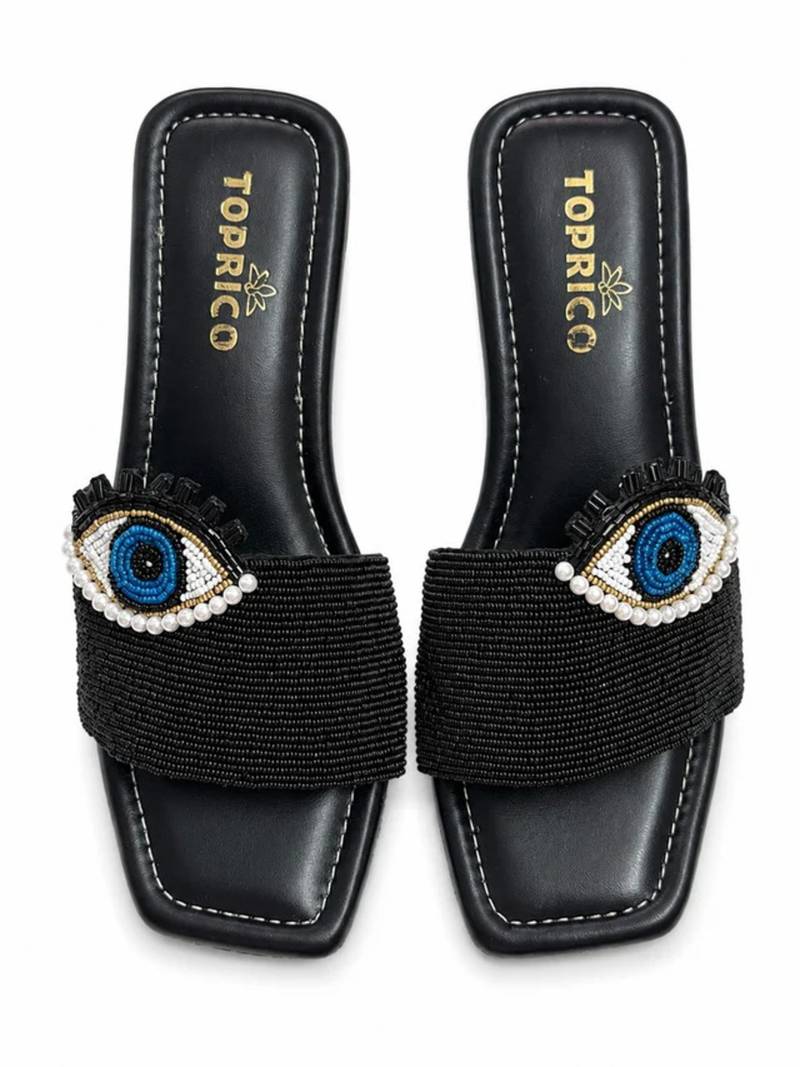 Black beaded faux leather block slides for women