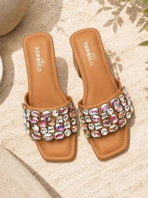 Tan crystal embellished faux leather square toe block heels for women 1