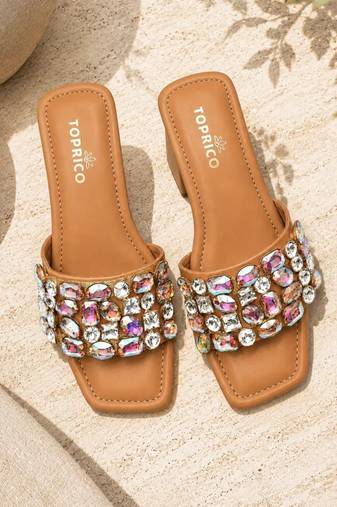 Tan crystal embellished faux leather square toe block heels for women
