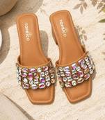Tan crystal embellished faux leather square toe block heels for women