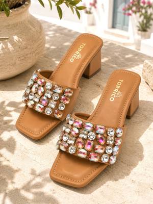 Tan crystal embellished faux leather square toe block heels for women 2