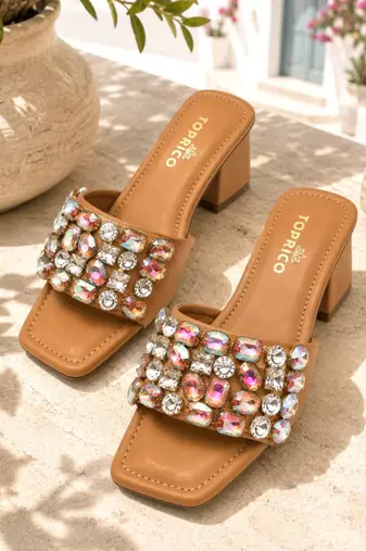 Tan crystal embellished faux leather square toe block heels for women