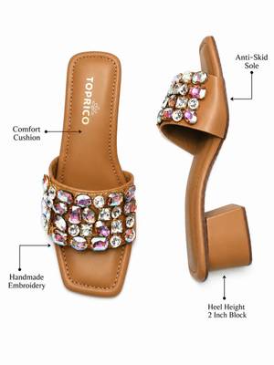 Tan crystal embellished faux leather square toe block heels for women 3