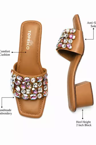 Tan crystal embellished faux leather square toe block heels for women