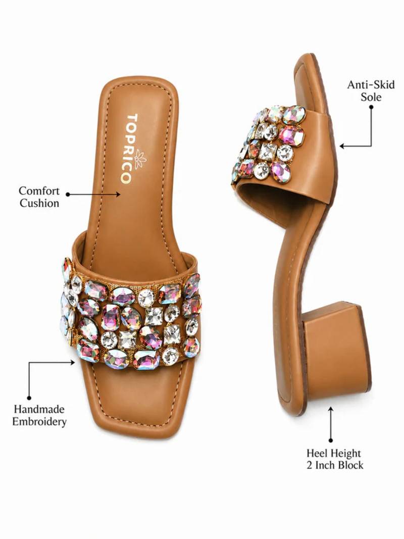 Tan crystal embellished faux leather square toe block heels for women