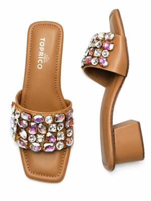 Tan crystal embellished faux leather square toe block heels for women 4