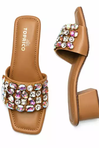 Tan crystal embellished faux leather square toe block heels for women