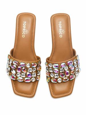 Tan crystal embellished faux leather square toe block heels for women 5