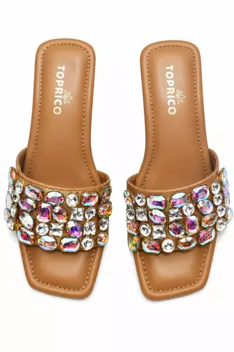 Tan crystal embellished faux leather square toe block heels for women