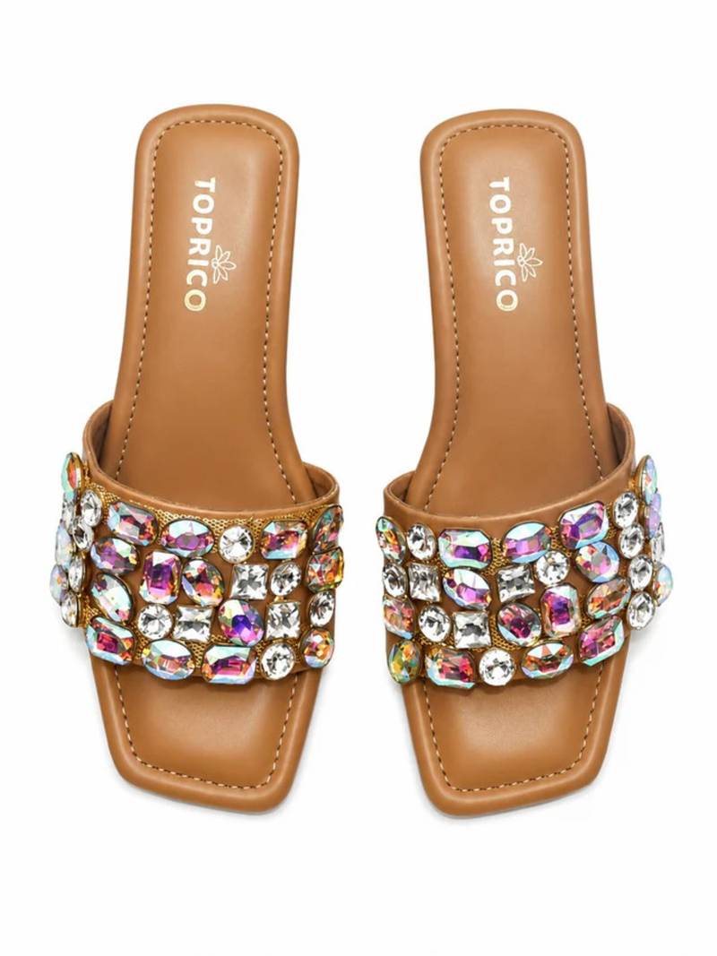 Tan crystal embellished faux leather square toe block heels for women
