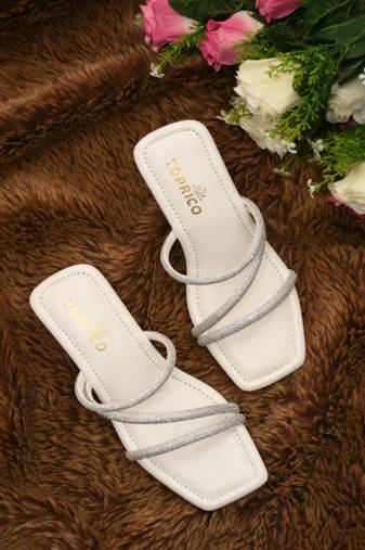 White sparkly faux leather square toe block heel sandals for wome