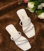 White sparkly faux leather square toe block heel sandals for wome