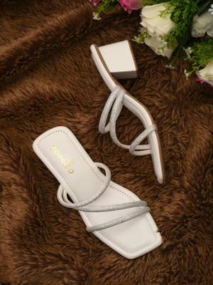 White sparkly faux leather square toe block heel sandals for wome 2