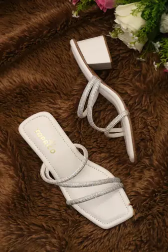 White sparkly faux leather square toe block heel sandals for wome