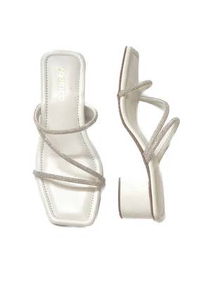 White sparkly faux leather square toe block heel sandals for wome 3