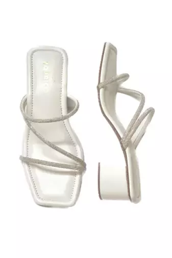 White sparkly faux leather square toe block heel sandals for wome