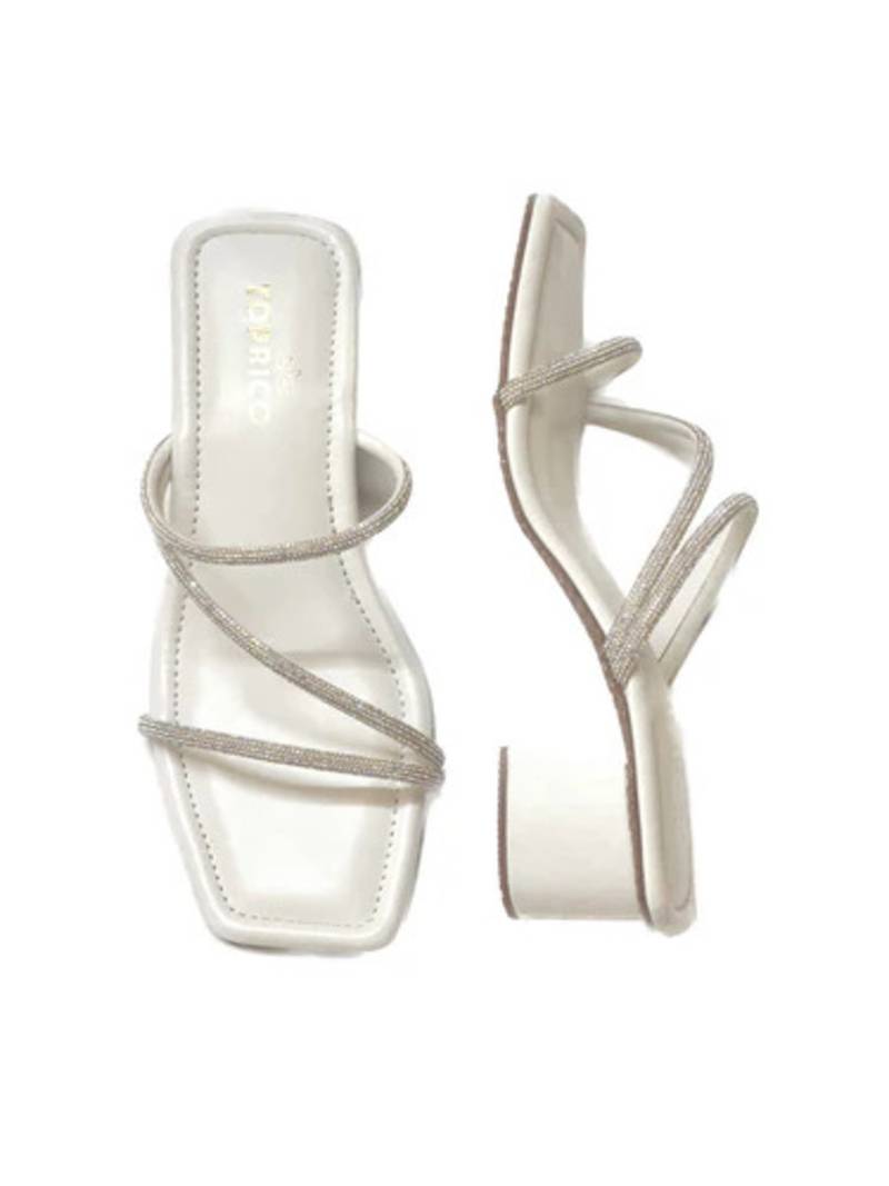 White sparkly faux leather square toe block heel sandals for wome