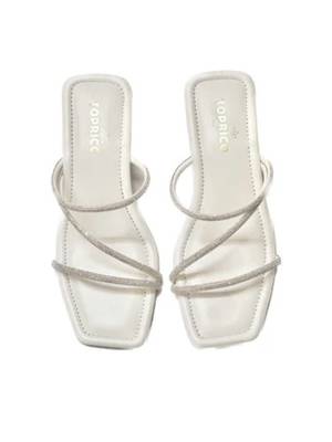 White sparkly faux leather square toe block heel sandals for wome 4