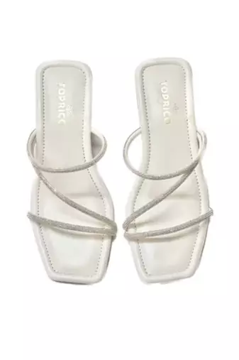 White sparkly faux leather square toe block heel sandals for wome