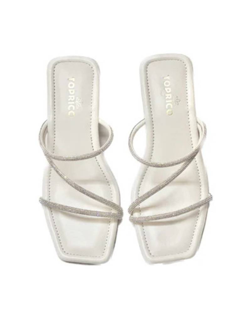 White sparkly faux leather square toe block heel sandals for wome