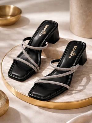 Black sparkly faux leather square toe block heel sandals for wome 1