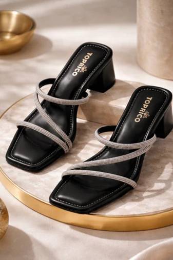 Black sparkly faux leather square toe block heel sandals for wome