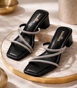 Black sparkly faux leather square toe block heel sandals for wome