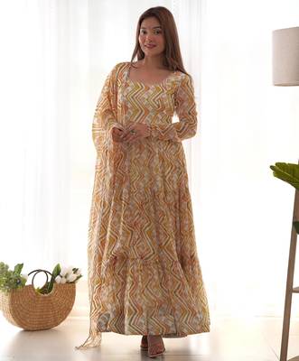Women's Beautiful Printed Fox Georgette Fabric Flared Anarkali Pant and Dupatta Set 1