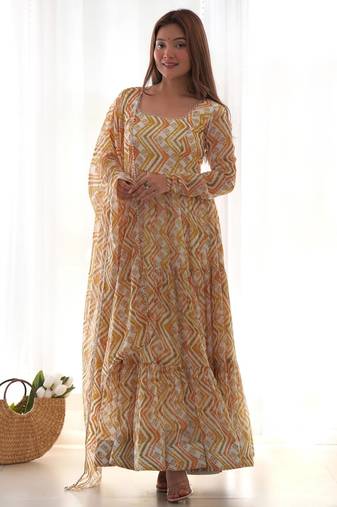 Women's Beautiful Printed Fox Georgette Fabric Flared Anarkali Pant and Dupatta Set