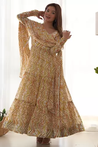 Women's Beautiful Printed Fox Georgette Fabric Flared Anarkali Pant and Dupatta Set