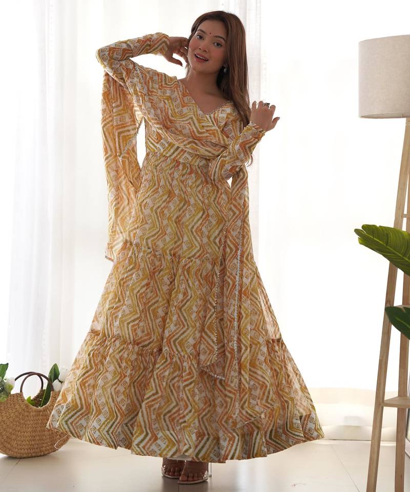 Women's Beautiful Printed Fox Georgette Fabric Flared Anarkali Pant and Dupatta Set