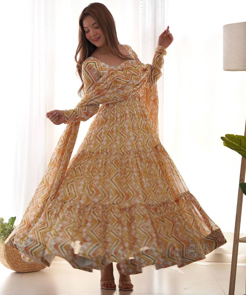Women's Beautiful Printed Fox Georgette Fabric Flared Anarkali Pant and Dupatta Set