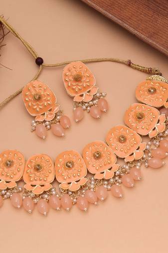 Orange color meenakari necklace set traditional design