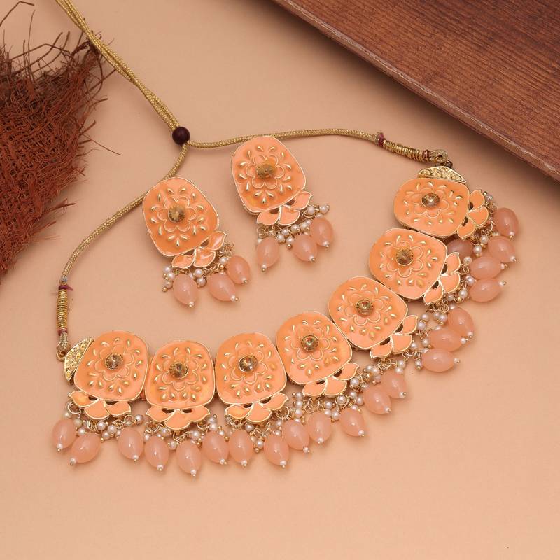 Orange color meenakari necklace set traditional design