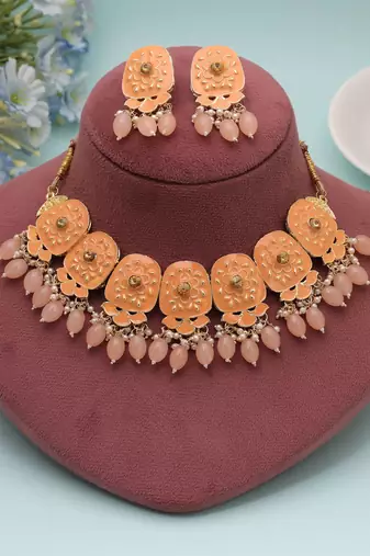 Orange color meenakari necklace set traditional design