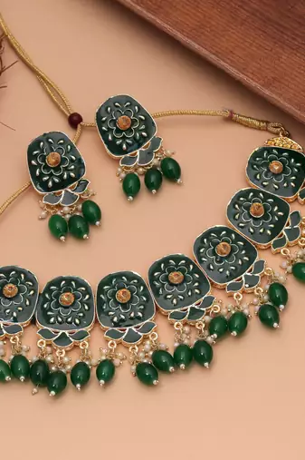 Green color meenakari necklace set stylish meenakari work