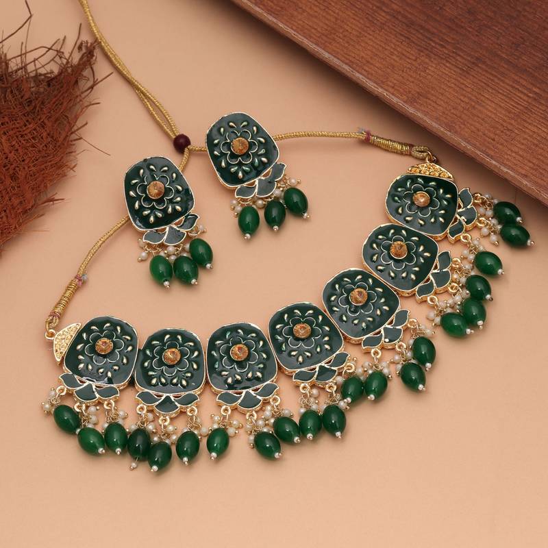 Green color meenakari necklace set stylish meenakari work