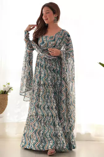 Women's Beautiful Printed Fox Georgette Fabric Flared Anarkali Pant and Dupatta Set