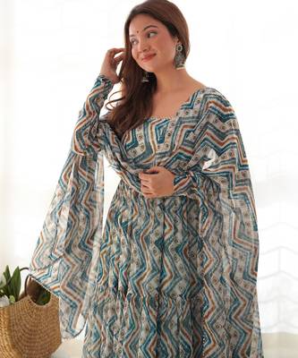 Women's Beautiful Printed Fox Georgette Fabric Flared Anarkali Pant and Dupatta Set 2