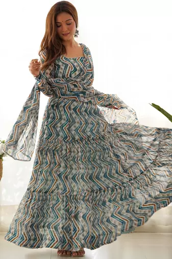 Women's Beautiful Printed Fox Georgette Fabric Flared Anarkali Pant and Dupatta Set